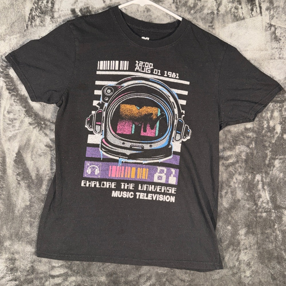 MTV Astronaut Explore the Universe Graphic T-Shirt Black Mens Medium 1981 Retro